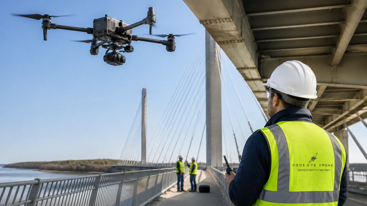 Professional drone hovering near a large bridge structure with visible sensor equipment mounted on the undercarriage, inspection crew visible on the bridge below, natural daylight with clear visibility of the bridge's steel support cables