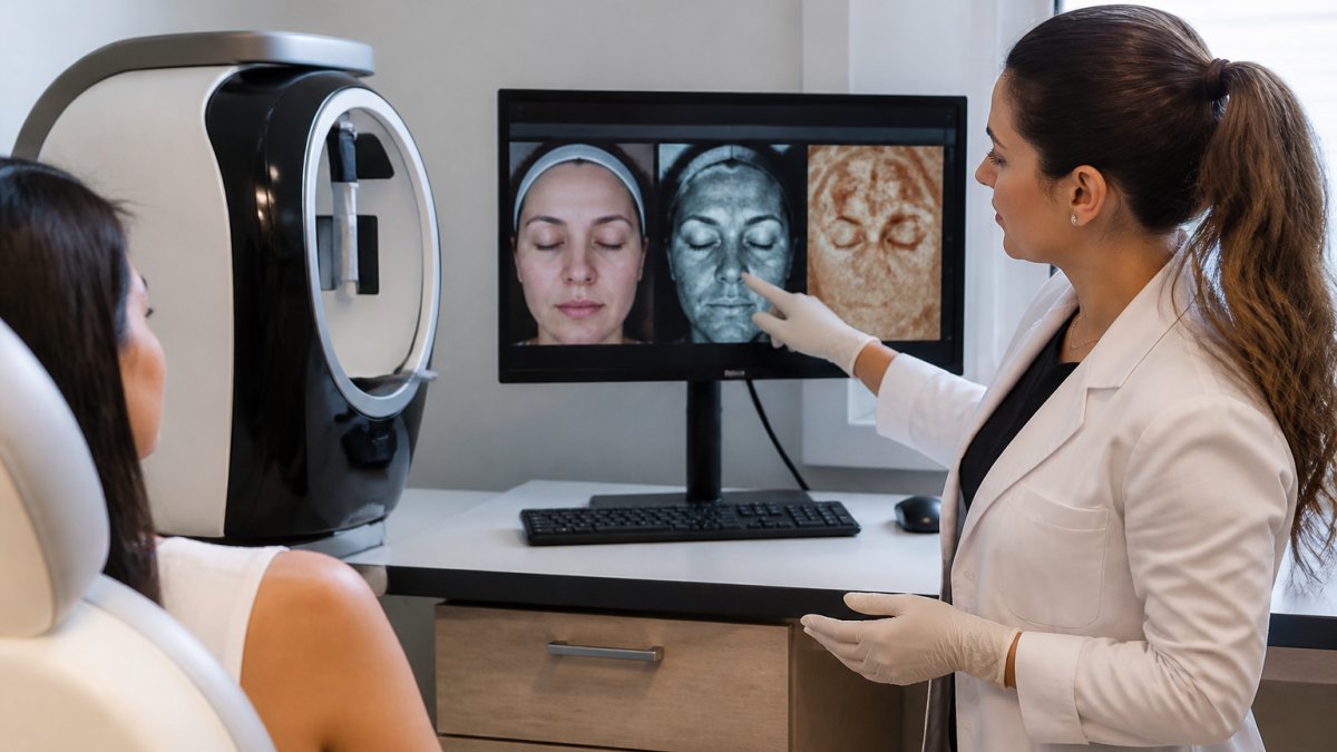 Professional dermatologist using advanced skin analysis equipment during patient consultation, with high-definition display showing detailed skin condition analysis and diagnostic results visible on screen