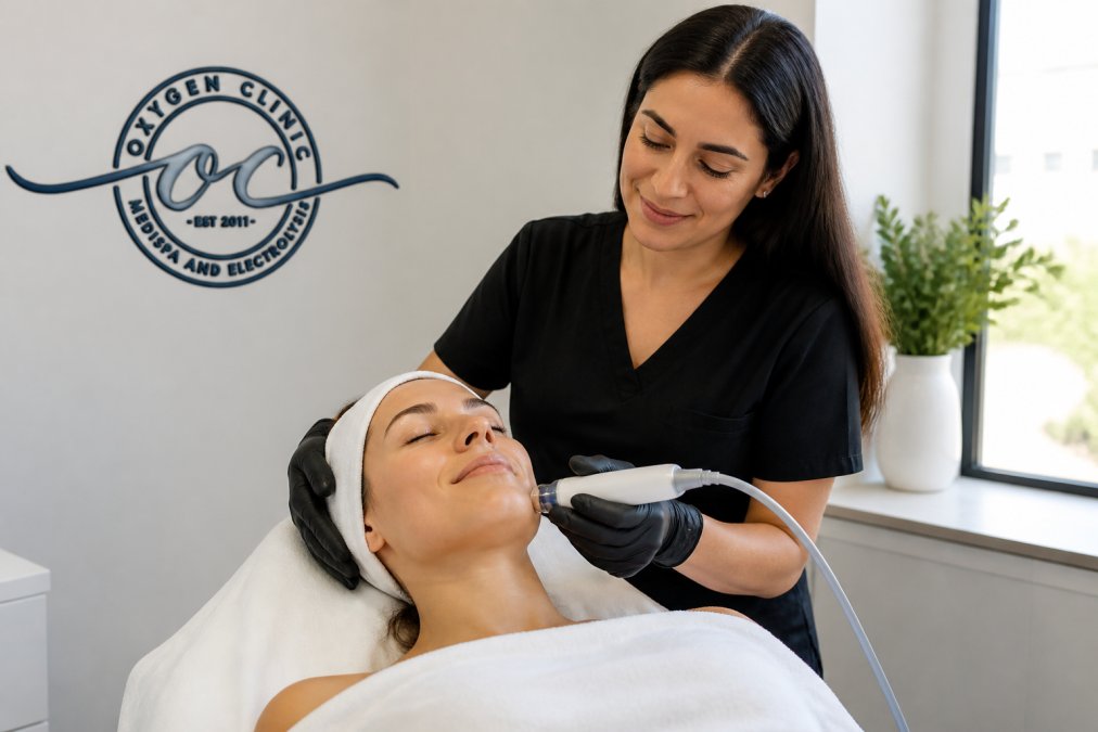 Skincare professional performing an Oxygeneo facial on a woman to brighten her dull skin in a modern clinic