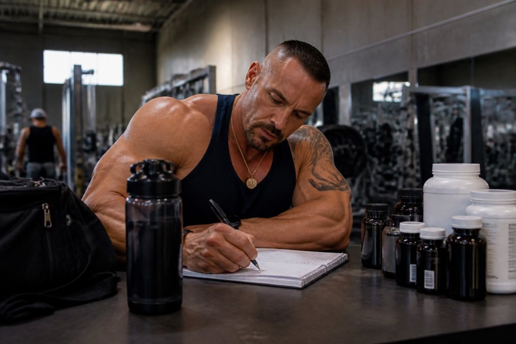 Athlete in gym tracking progress with notebook and water bottle, demonstrating the discipline and monitoring required during a cutting phase with organized supplement bottles nearby