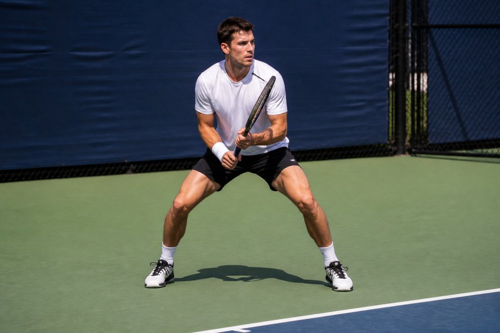 Professional tennis player executing a split-step during a baseline rally, showing proper foot positioning and athletic stance on a hard court during match play