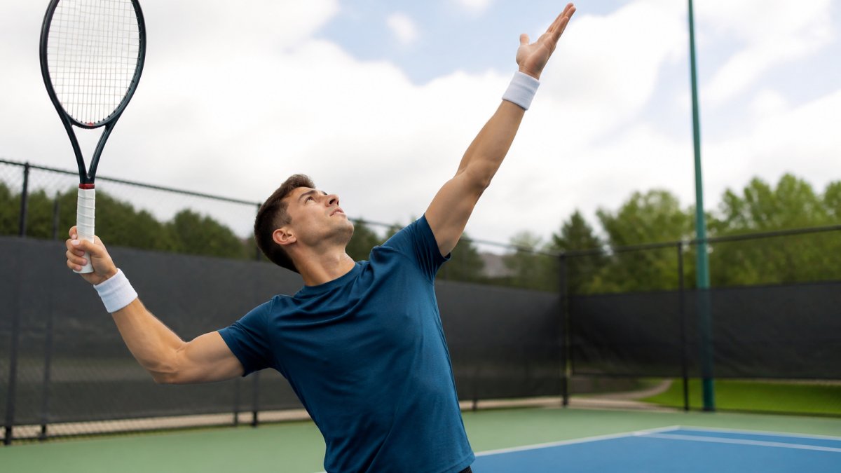 Competitive tennis player at trophy position with arm extended overhead, showing shoulder alignment and racket-head angle during serve preparation, natural outdoor court lighting