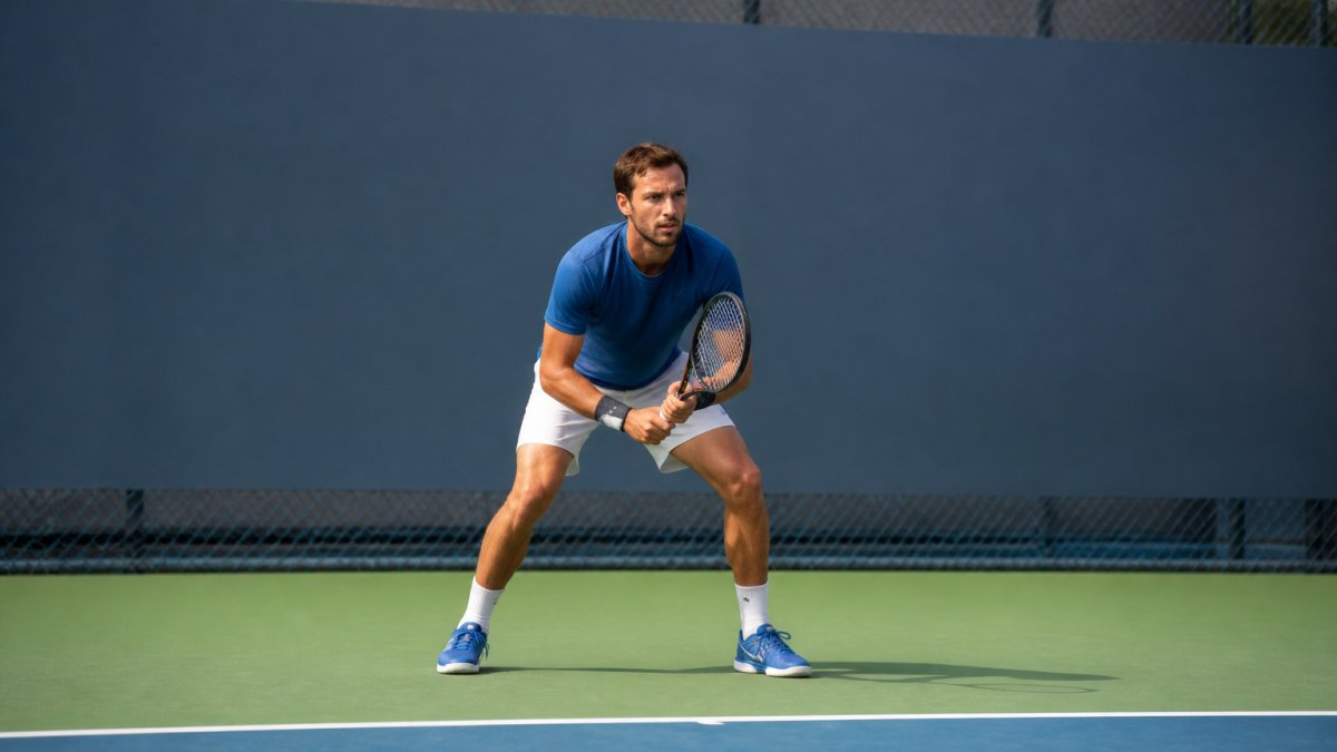 Professional tennis player in mid-rally stance at baseline, showing proper court positioning during neutral phase with ready position and athletic stance