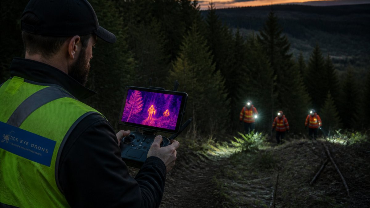 A certified drone pilot in a safety vest standing at the edge of a dense forest at dusk, holding a controller and studying a tablet screen showing a thermal view of trees, with a search team visible in the background