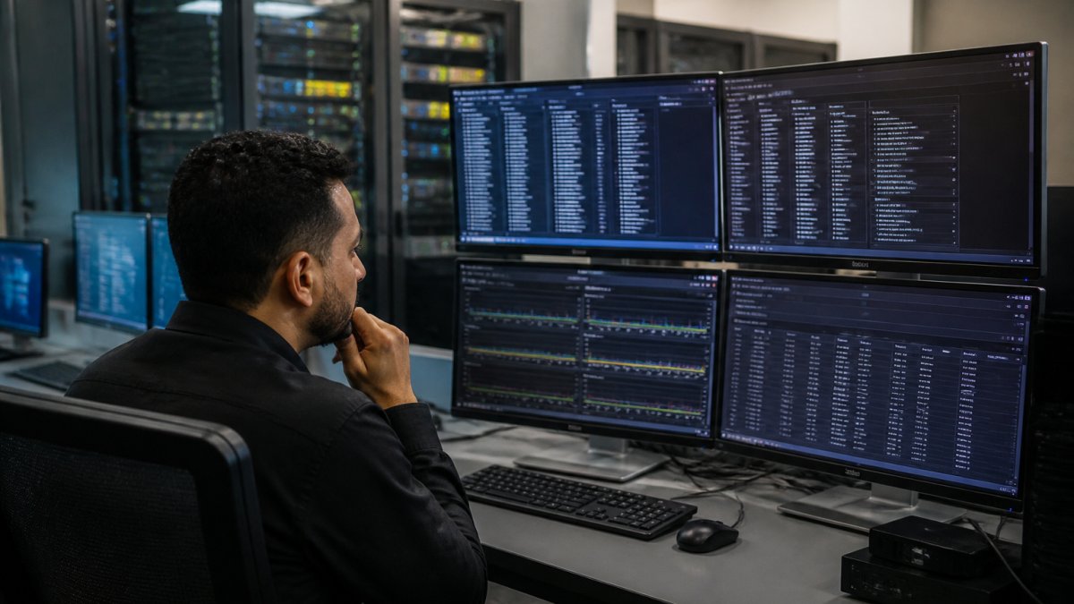 IT security professional monitoring real-time threat alerts on multiple screens in a modern data center environment, with dashboard displays showing cloud server activity and threat indicators