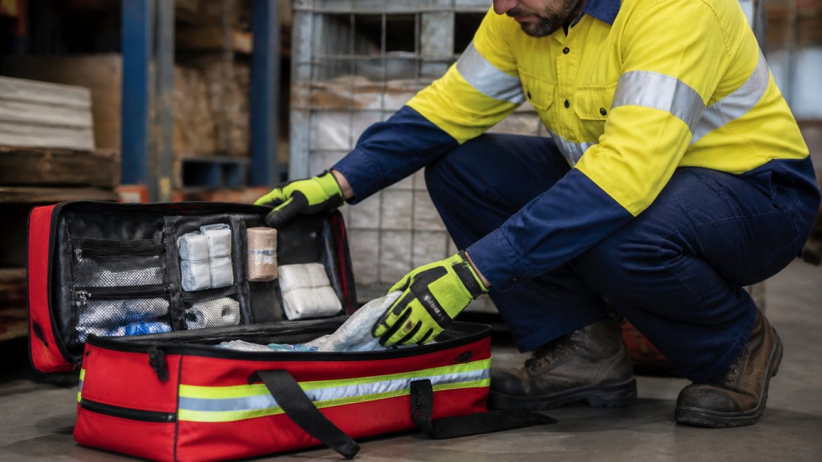 Diagram illustrating organized compartments of a high-visibility red softpack trauma kit for workplace safety