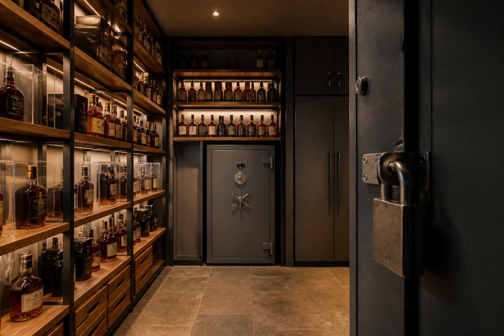 Climate-controlled whiskey storage room with temperature and humidity monitoring equipment displayed on digital screens, organized shelving with rare bottles in protective cases, soft accent lighting, and visible security features like reinforced cabinet locks