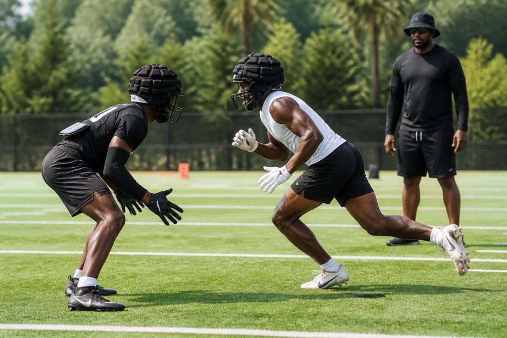 High school wide receiver practicing a quick release move for route running against a defensive back