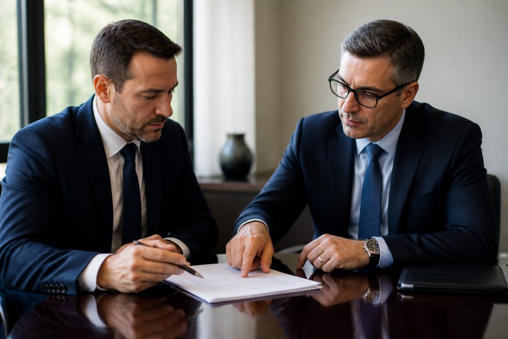 Two financial advisors reviewing a contract document together at a polished desk in a professional office, natural window light