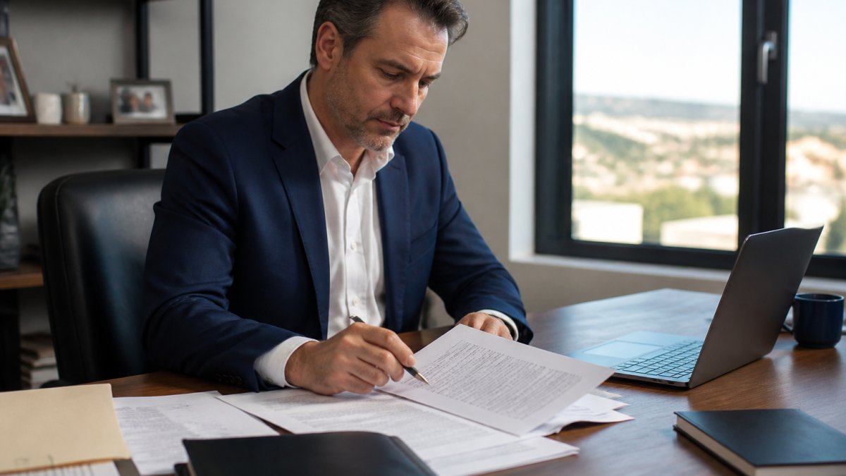Financial advisor reviewing employment contract documents at a desk with laptop, legal papers, and pen in hand, focused expression in modern office setting