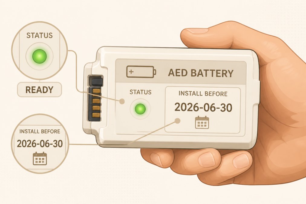 Close-up of a hand holding an AED battery unit, showing the readiness indicator light glowing green and the install before date label clearly visible on the battery casing