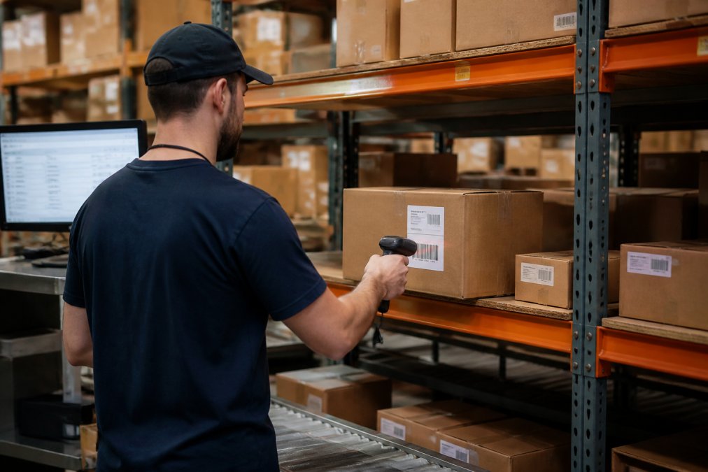 A warehouse worker scanning a package label with a barcode reader, with shipping boxes stacked on shelves and tracking information displayed on a monitor in the background