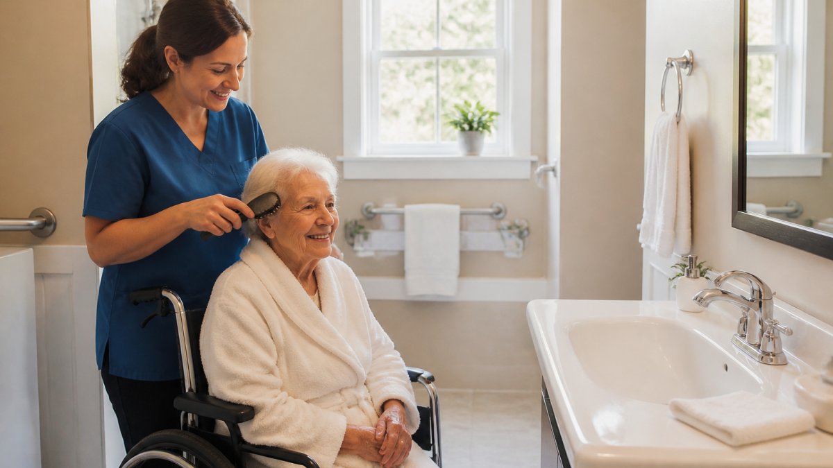 Caregiver assisting a senior resident with morning grooming in a bright, home-like bathroom with natural lighting and accessible fixtures