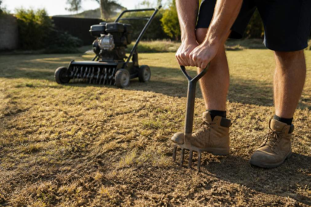 Homeowner using a garden fork on hard soil before aeration and topdressing with a core aerator nearby