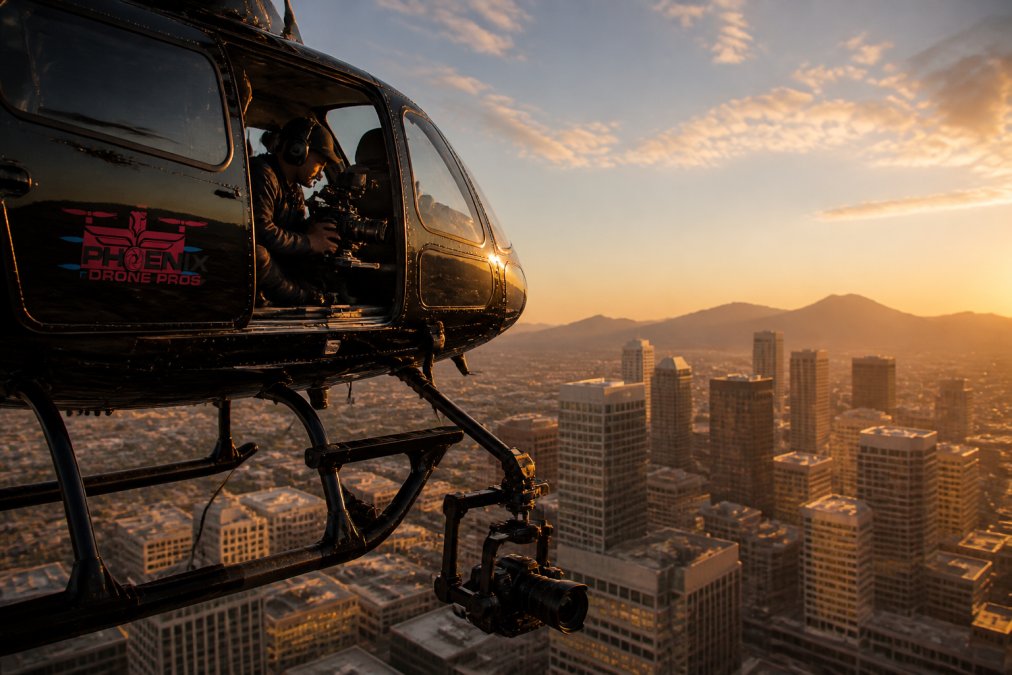Professional helicopter with external camera mount capturing sweeping aerial perspective of downtown skyline during golden hour, cinematographer visible through open door