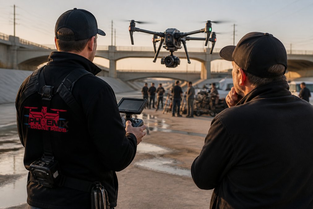FAA-certified drone pilot operating professional cinema-grade drone with full-frame camera payload on active film set, monitoring flight on remote controller with director observing