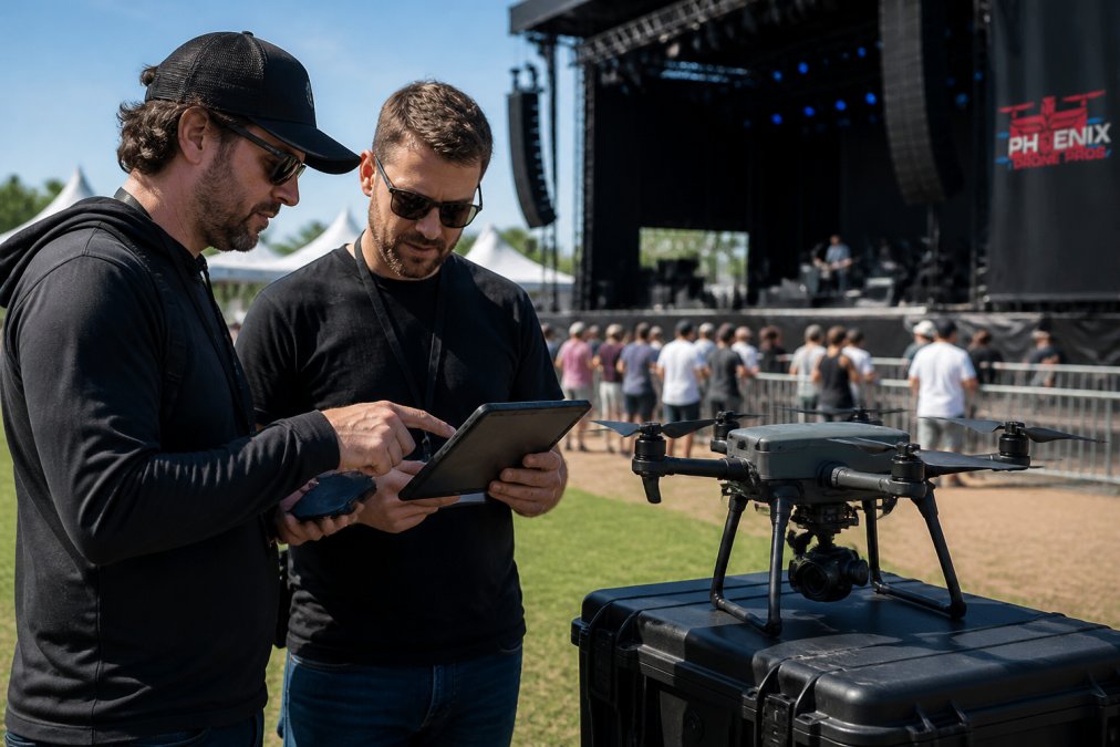A drone pilot and event videographer reviewing a shot list on a tablet at an outdoor festival venue, with a quadcopter on a case nearby and a stage in the background