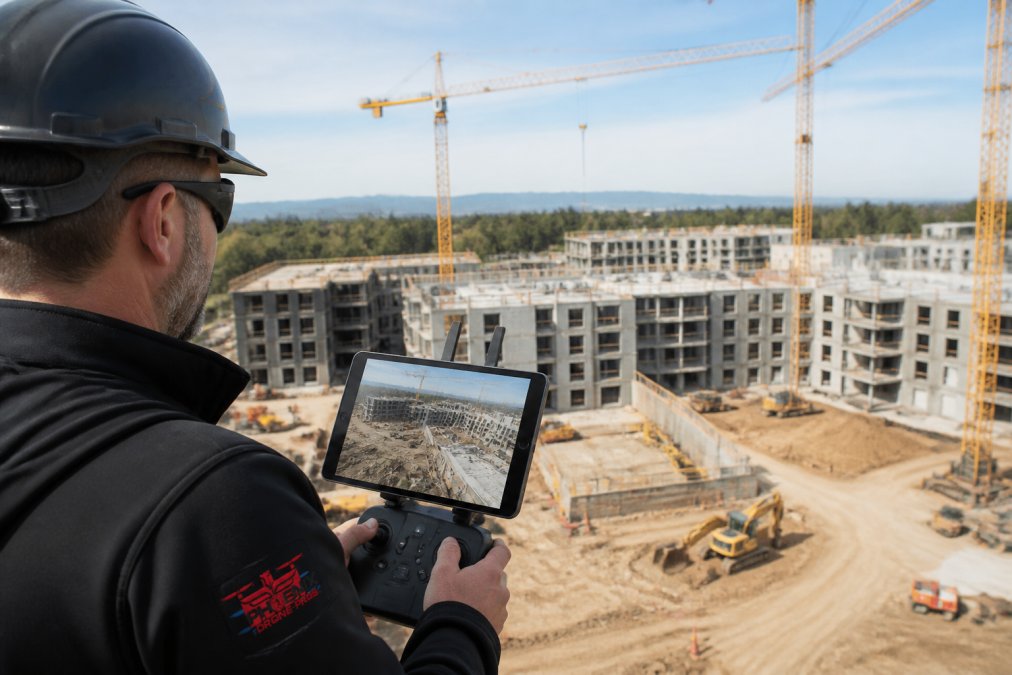 Drone pilot operating professional equipment with live video feed displayed on tablet screen, showing active construction site below with multiple buildings, cranes, and equipment visible in clear daylight