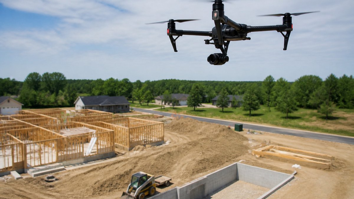 Drone hovering over a West Michigan construction site for aerial construction records of the residential project.