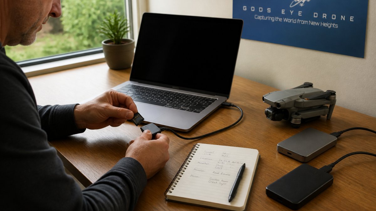 A photographer at a desk transferring files from a drone memory card to a laptop, with labeled external drives and a notebook of shoot notes nearby
