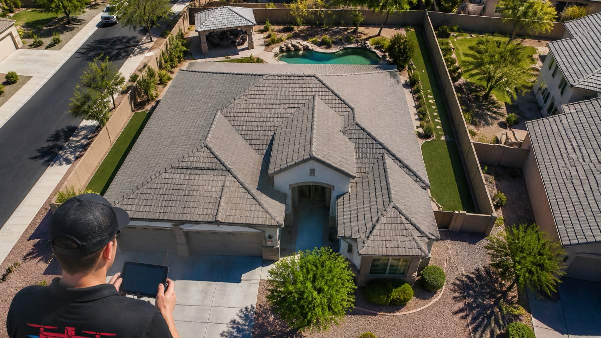 Aerial drone shot of a residential property showing the roofline, landscaping, and surrounding neighborhood context from above with clear detail of roof condition and property boundaries