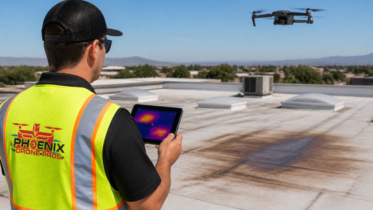 A certified drone pilot in a safety vest reviewing a tablet screen showing thermal imaging data of a commercial low-slope roof, with the drone hovering nearby against a clear sky