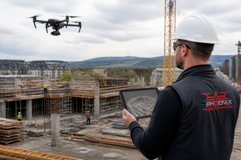 Process diagram showing a drone conducting aerial inspections to create 3D models for construction sites.