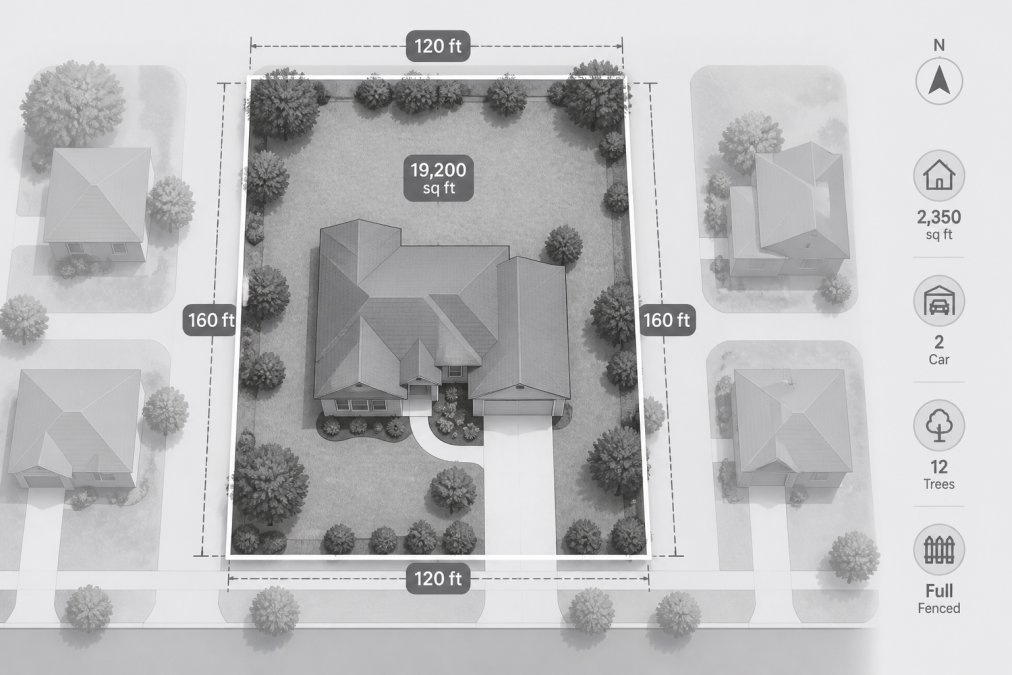 Drone's-eye view of a residential property showing the full lot, house footprint, driveway, landscaping, and surrounding neighborhood context from above, with clear property boundaries visible