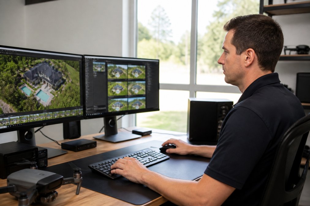 Professional real estate agent at a modern workstation with multiple monitors displaying aerial drone footage and property images, reviewing and editing content in post-production software with natural office lighting