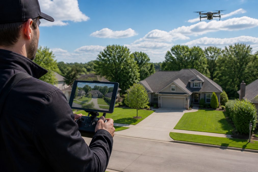 Diagram showing a drone pilot using a controller to capture aerial real estate photography of a suburban home