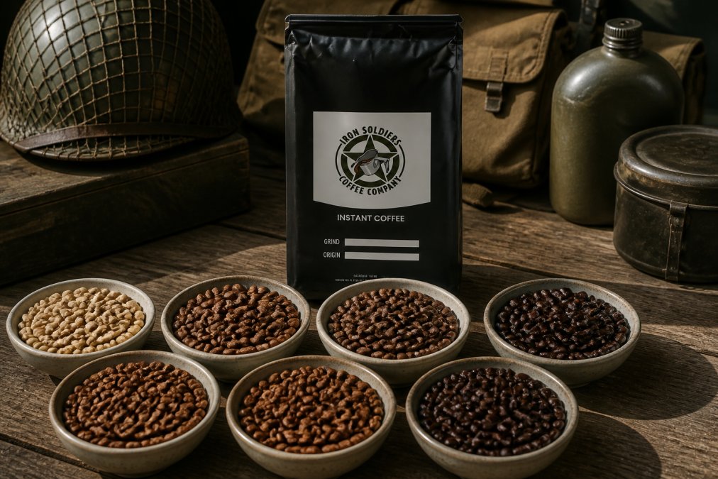 Array of specialty coffee beans from different origins displayed in small bowls showing color variation from light to dark roasts, arranged on a wooden surface with morning light
