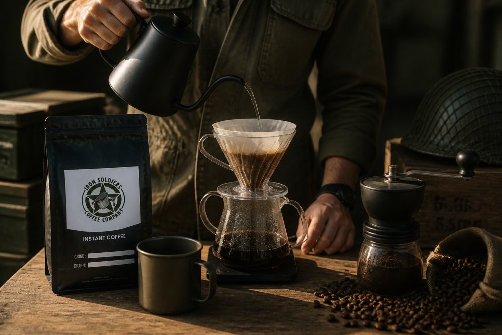 Professional hands pouring hot water over coffee grounds in a pour-over setup with a burr grinder and specialty coffee beans on a wooden table in morning light