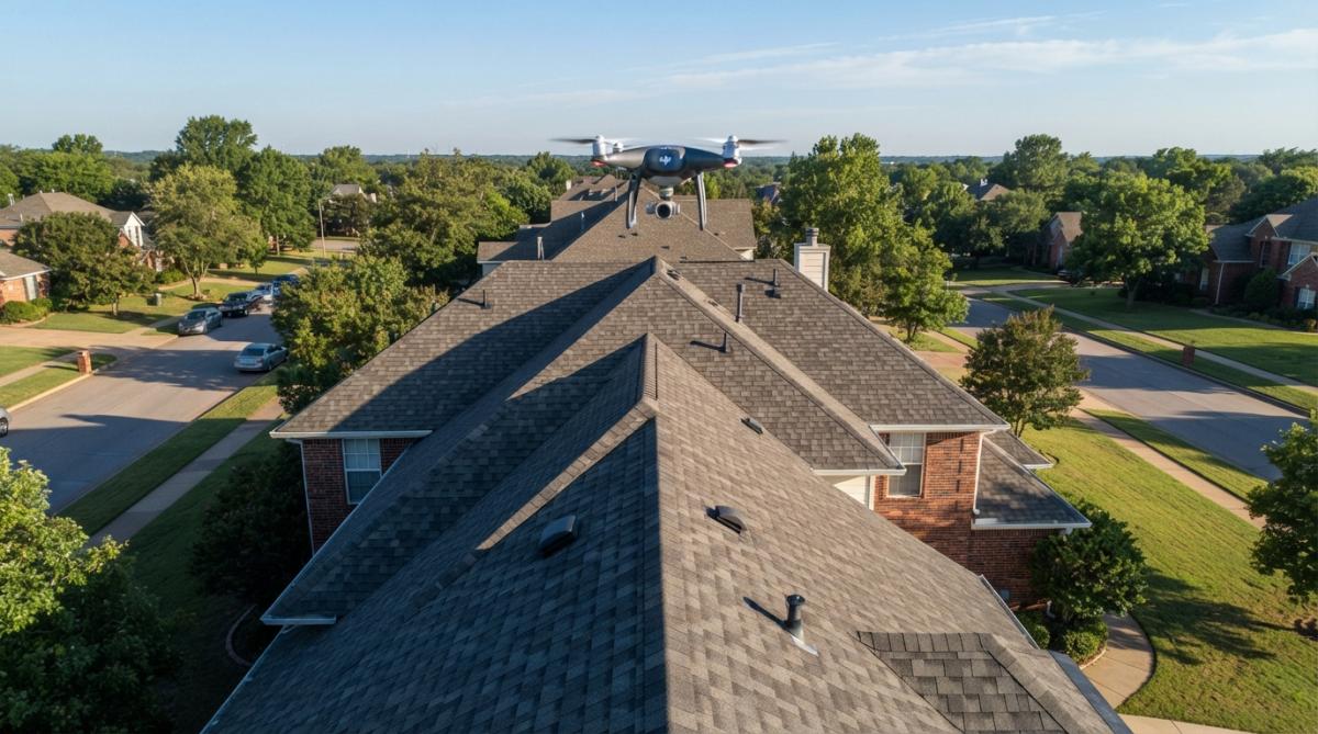 Drone hovering above a residential roof with clear view of architectural shingles, ridge line, and surrounding landscape with morning shadows