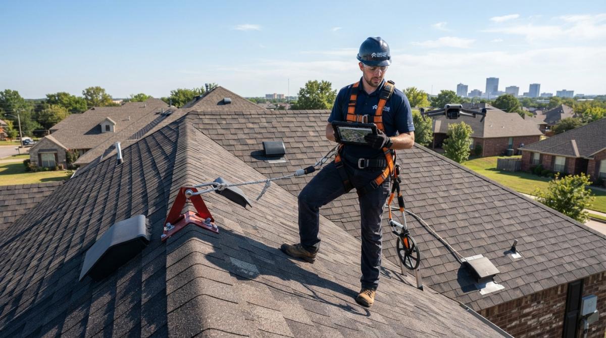 Professional roofing inspector in full safety harness and equipment standing on steep residential roof with visible fall protection anchors and clear sky background
