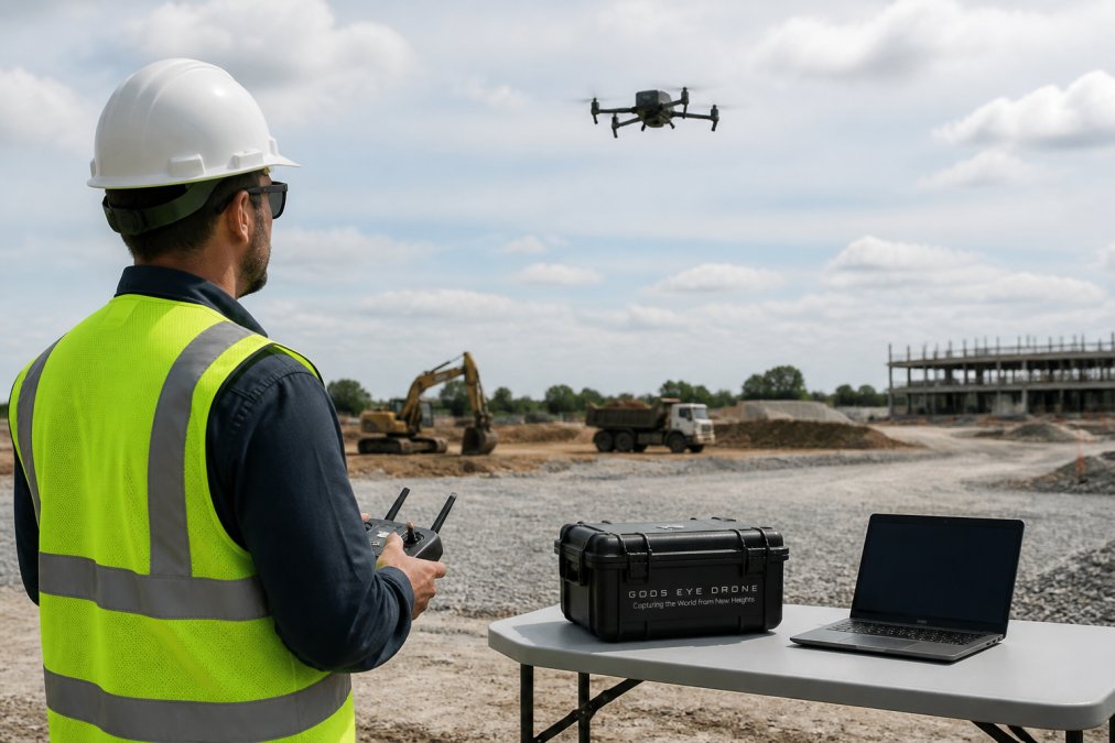 A certified drone pilot in a safety vest operating a controller while a drone hovers over a construction site, with a laptop showing mapping software on a nearby table