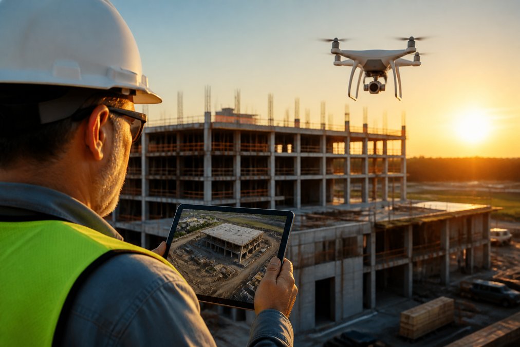 A drone hovering above a partially built commercial structure at golden hour, with an architect in a hard hat and safety vest in the foreground reviewing an aerial site view on a tablet