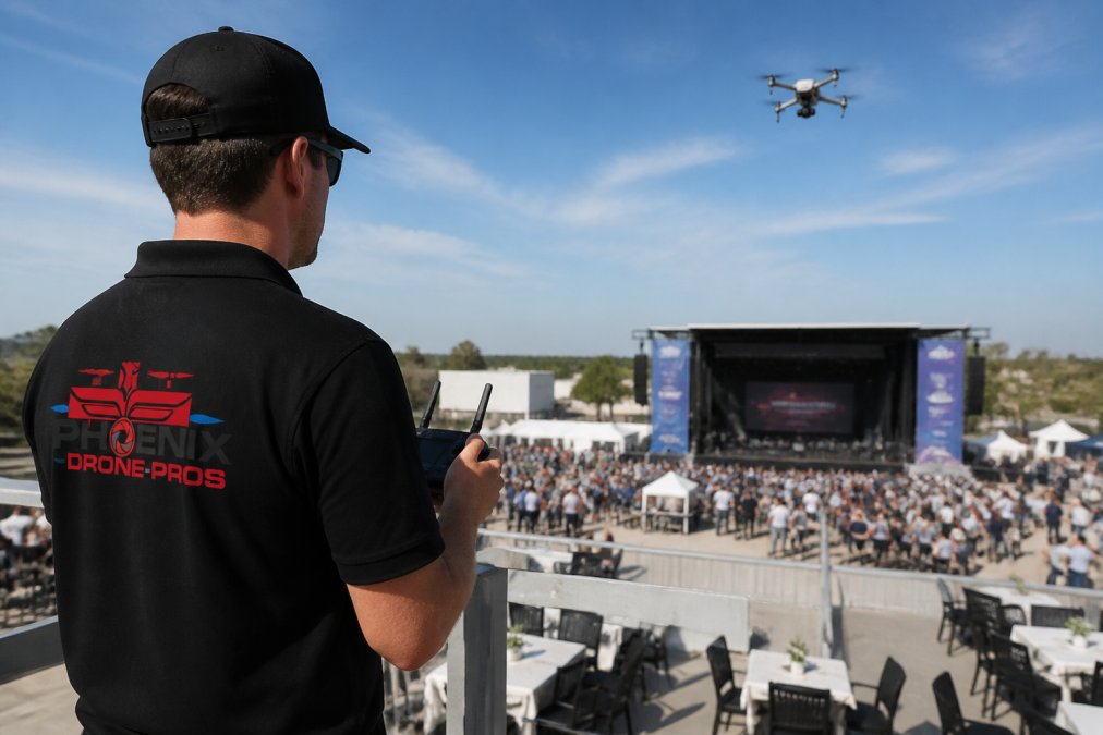 A professional drone pilot operating a controller at an outdoor corporate event, with a large stage and crowd visible in the background under clear skies