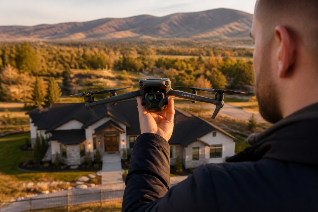 Professional drone operator holding a DJI Mavic 3 Pro above a suburban residential property at golden hour, with the home and landscaping visible below