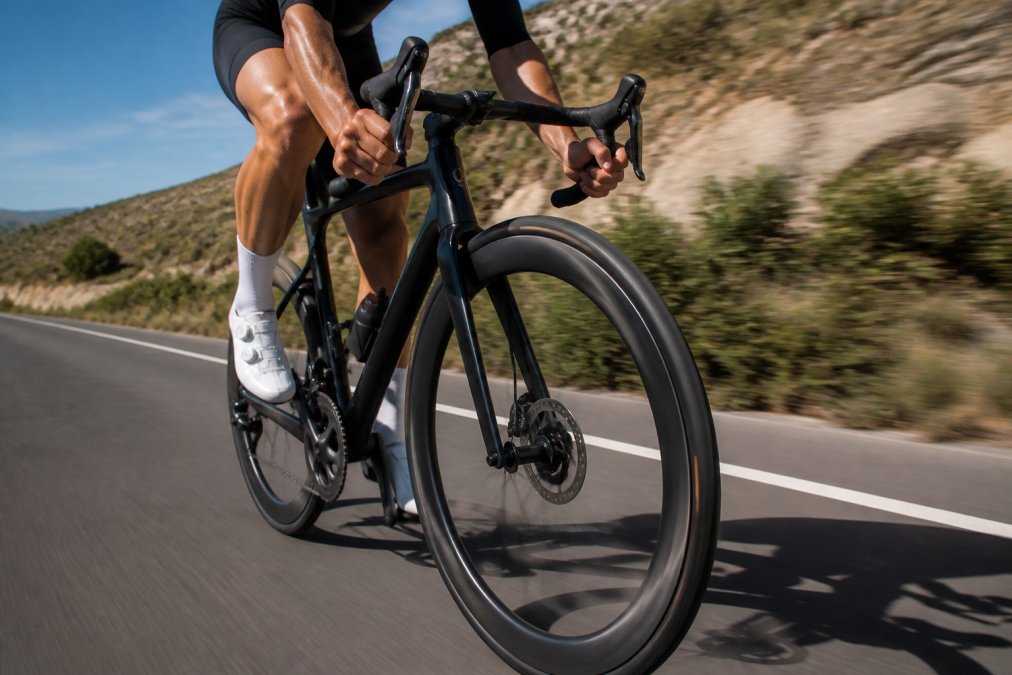 Competitive road cyclist riding a deep-section carbon wheelset on smooth tarmac, low camera angle showing the rim profile with motion blur in the background