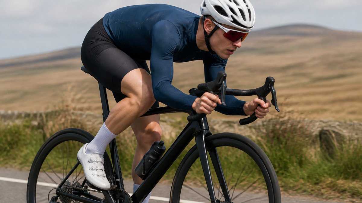 Diagram illustrating optimal body posture and leg extension for aerodynamic cycling efficiency