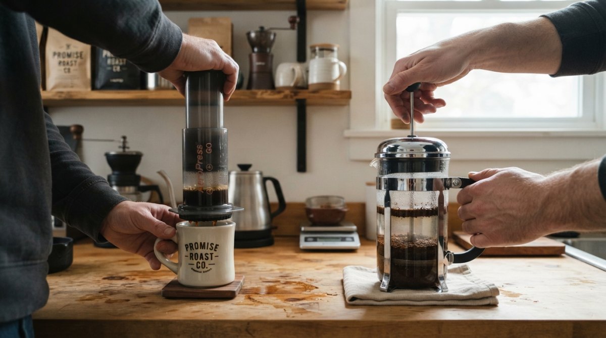 Side-by-side view of an AeroPress with its cylindrical chamber and plunger alongside a French press with glass carafe and metal mesh filter, both on a kitchen counter with hands demonstrating the pressing motion on each device