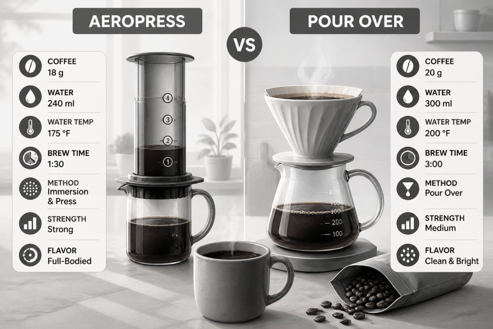 A sunlit kitchen counter showing an AeroPress and a ceramic pour-over dripper side by side, a steaming mug of coffee in the foreground with an open bag of roasted beans nearby