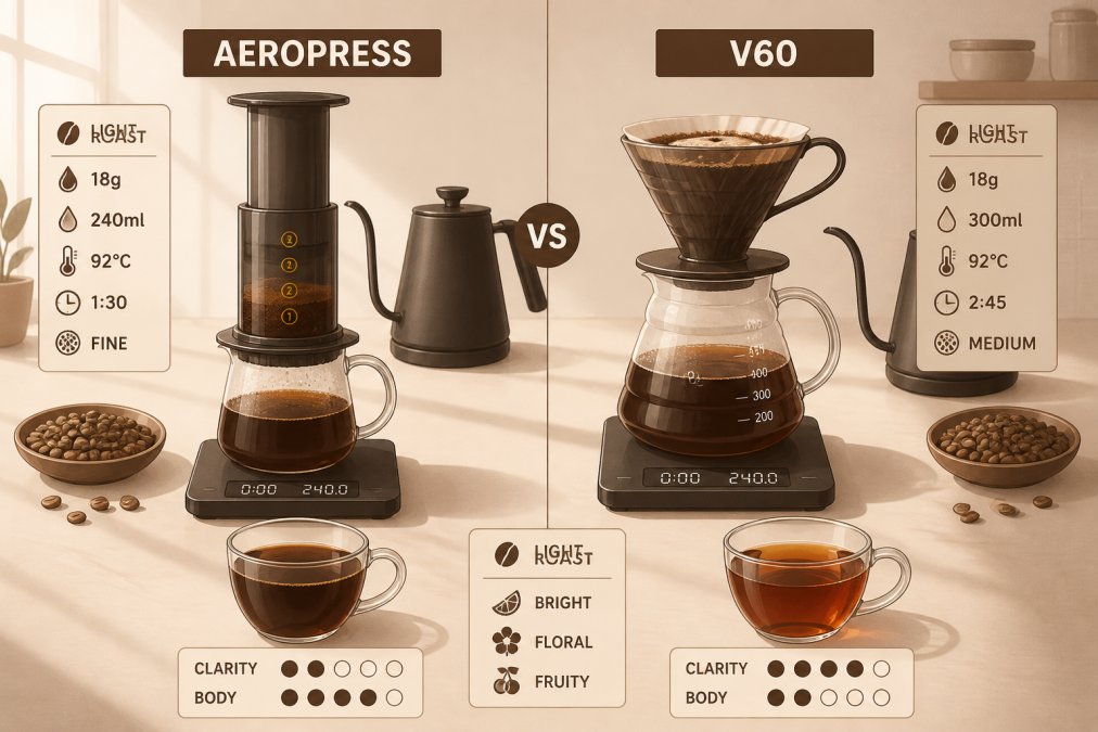 Comparison infographic showing the brewing process and coffee clarity differences between two manual drippers