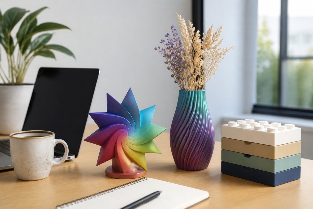 A modern home office desk in bright natural light featuring a multicolor silk PLA spiral star decor piece, a ribbed color-shifting vase holding dried flowers, and a stackable brick storage box, with a laptop and coffee mug nearby