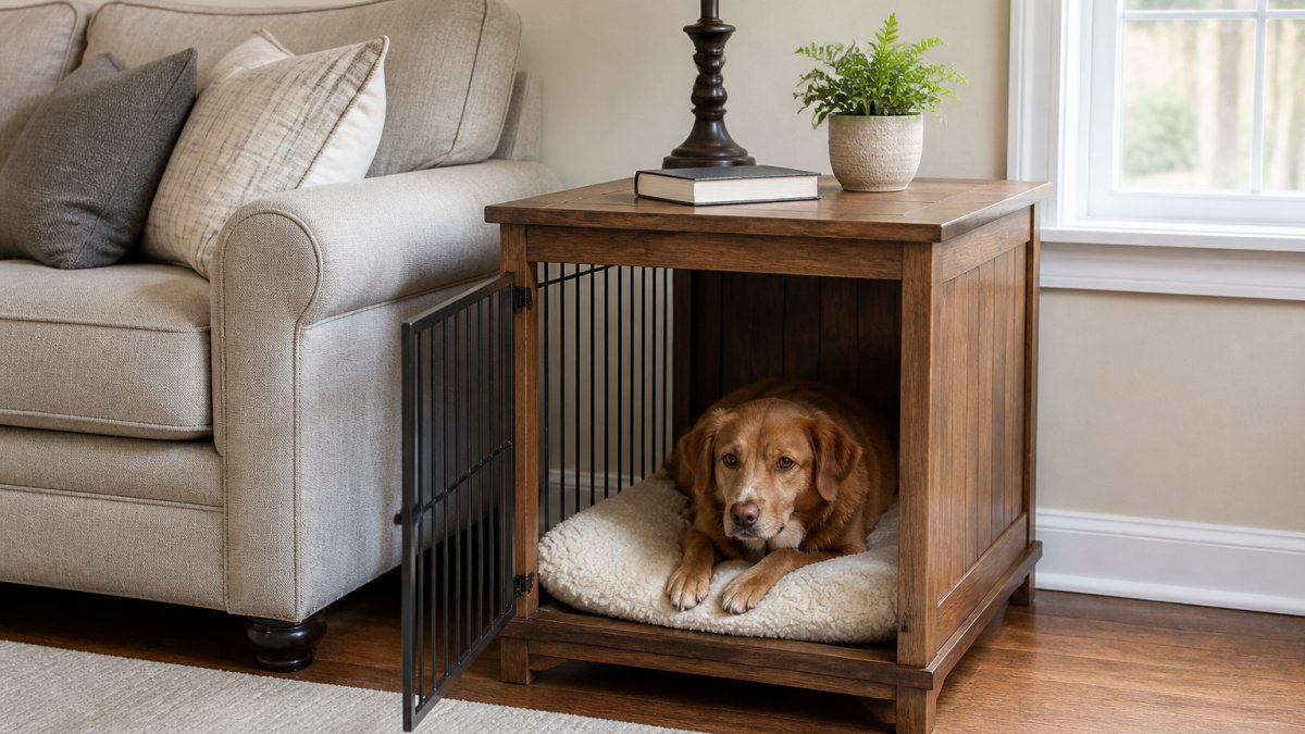 Diagram showing how furniture-style dog crates function as stylish end tables in living rooms