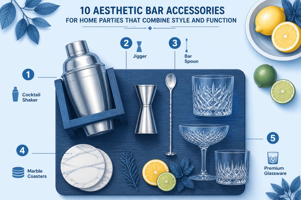 Overhead flat-lay of a styled home bar setup showing stainless steel cocktail shaker with wooden stand, jigger, bar spoon, marble coasters, and premium glassware arranged on a wooden surface with fresh citrus and herbs nearby