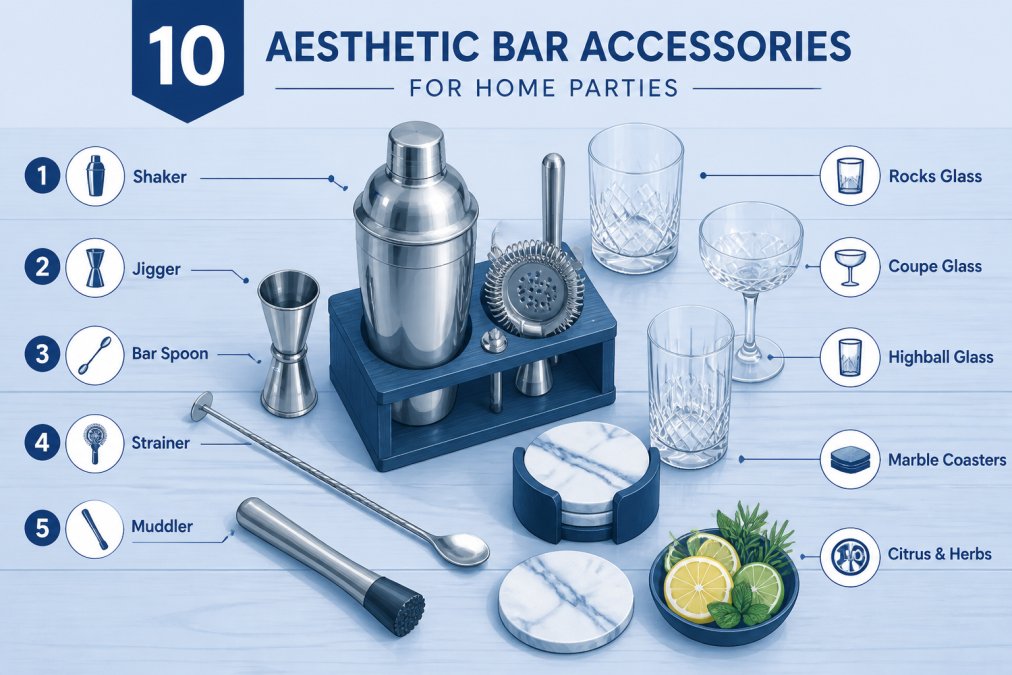 Professional illustration showing bar accessories for home parties