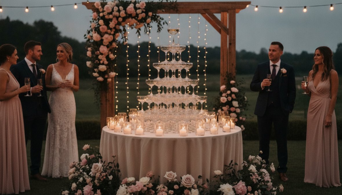 Elegant champagne tower with prosecco glasses stacked in a pyramid formation, surrounded by white flowers and greenery, soft ambient lighting at a wedding reception