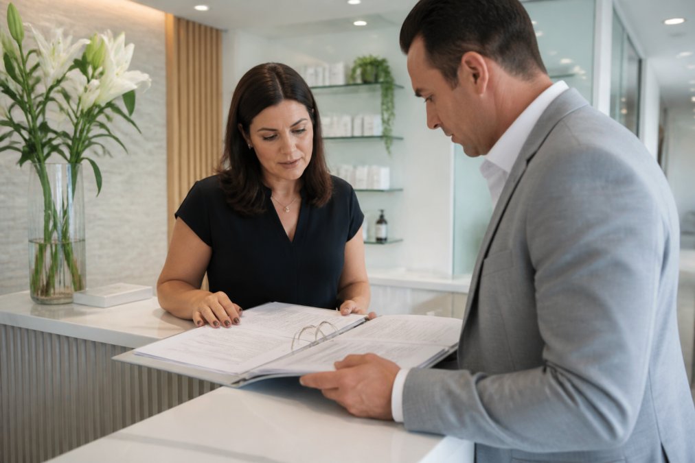 Clinic manager reviewing TGA compliance documents for an aesthetic bureau alternative with a device supplier