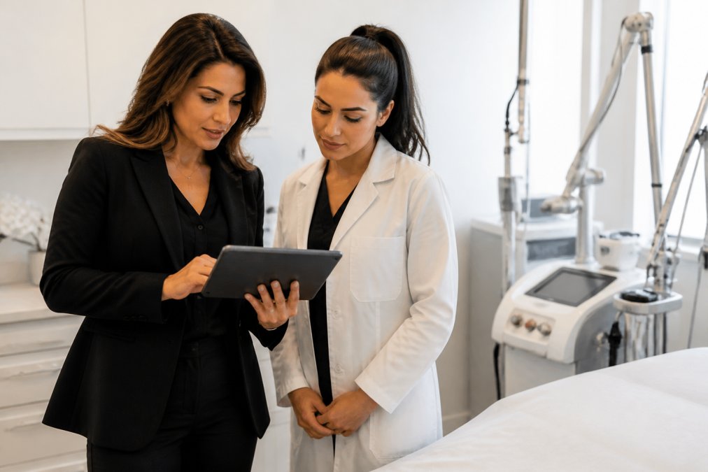 A clinic manager and a medical practitioner reviewing a comparison document on a tablet in a bright, modern aesthetic clinic consultation room, with laser equipment visible in the background
